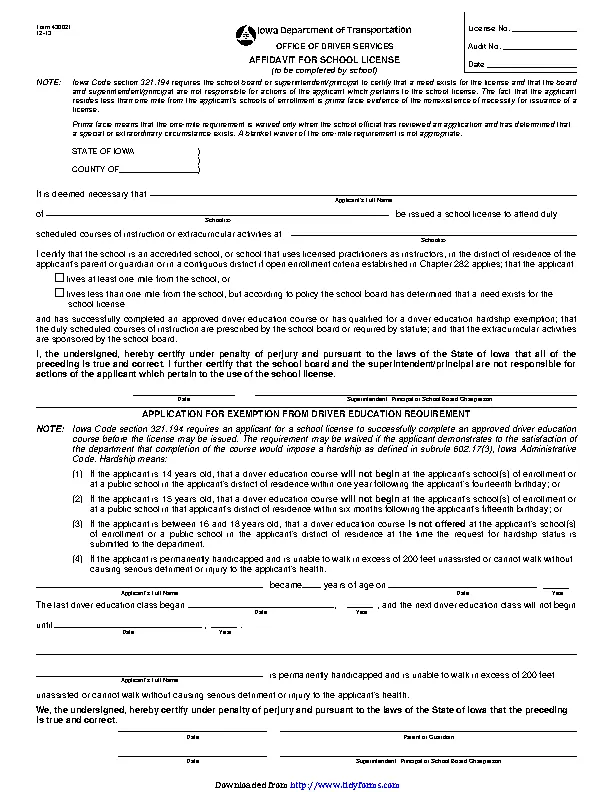 Iowa Affidavit For School License Form