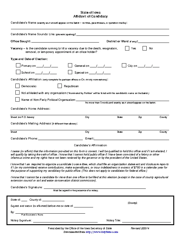 Iowa Affidavit Of Candidacy Form