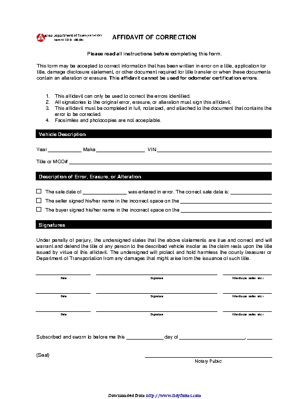 Iowa Affidavit Of Correction Form - PDFSimpli