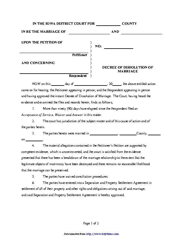 Iowa Decree Of Dissolution Form - PDFSimpli