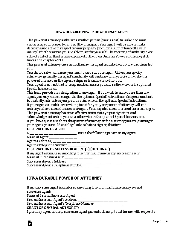 Iowa Durable Power Of Attorney Form