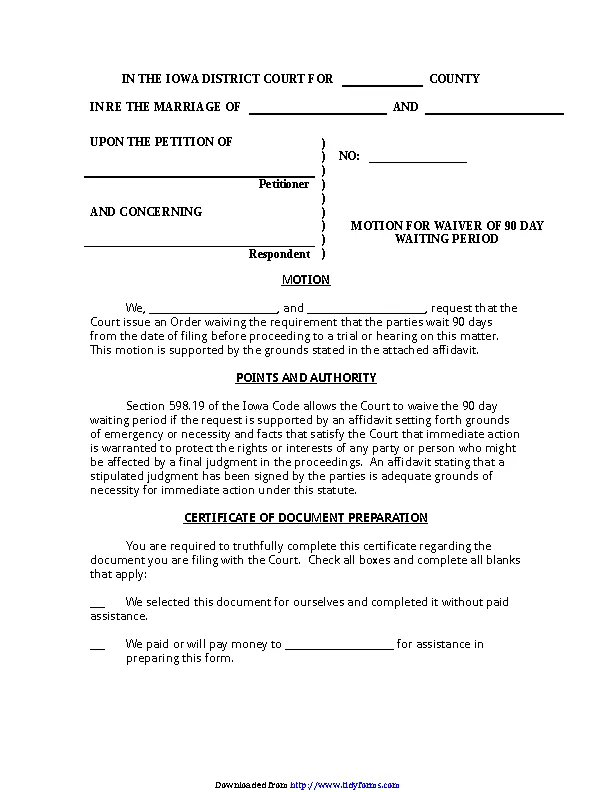 Iowa Motion Of Waiver Of 90 Day Waiting Period Form - PDFSimpli