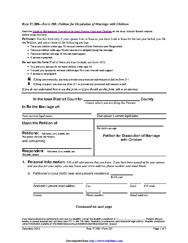 Iowa Petition For Dissolution Of Marriage With Children Form