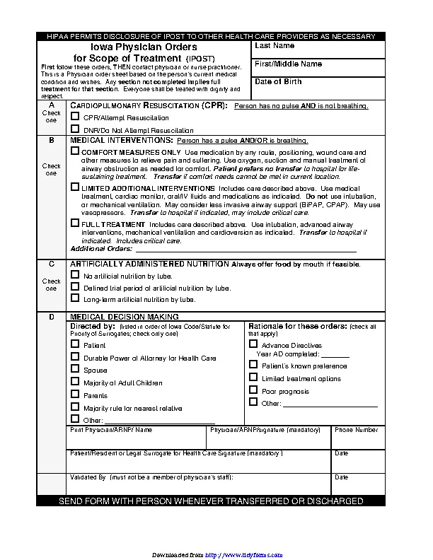 Iowa Physician Orders For Scope Of Treatment Post Form