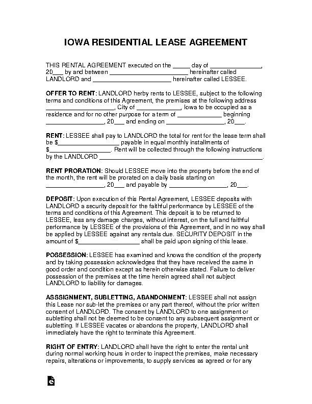 Iowa Residential Lease Agreement Template