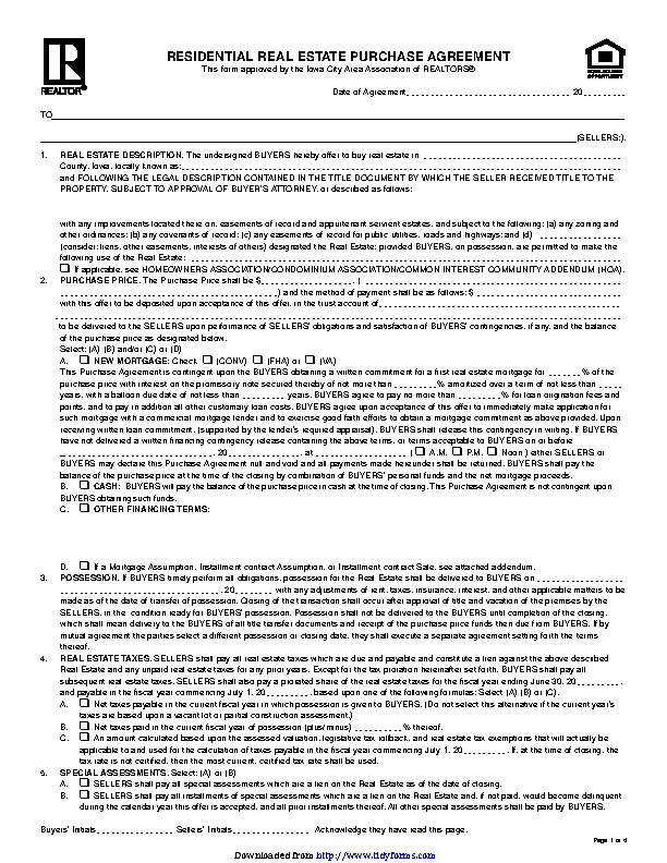 Iowa Residential Real Estate Purchase Agreement Form