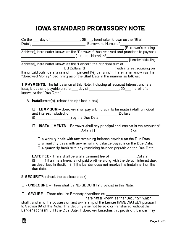 Iowa Standard Promissory Note Template
