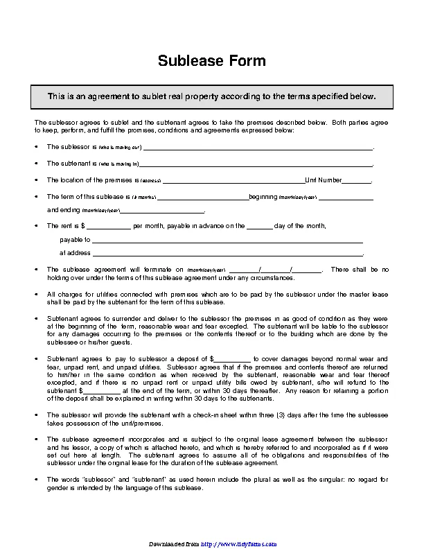 Iowa Sublease Agreement Form