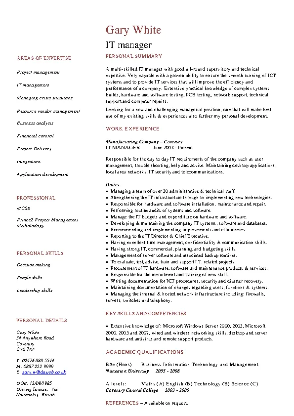 It Manager Cv Example - PDFSimpli