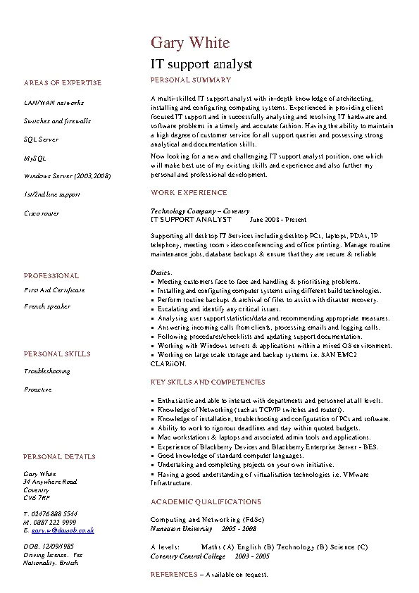 It Support Analyst Cv - PDFSimpli