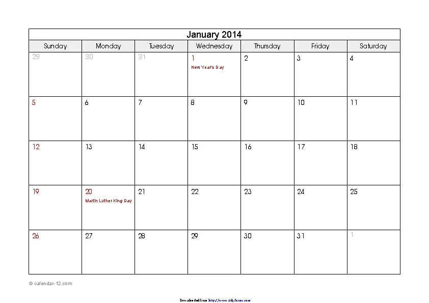 January 2014 Calendar 1 - PDFSimpli