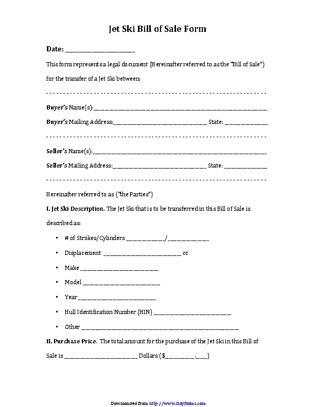 Jet Ski Bill Of Sale Form PDFSimpli