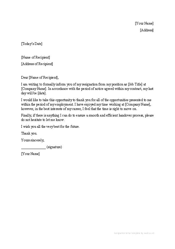 Job Contract Resignation Letter - PDFSimpli