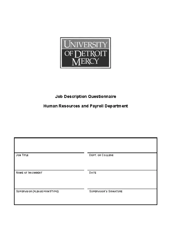 Job Description Questionnaire Human Resources