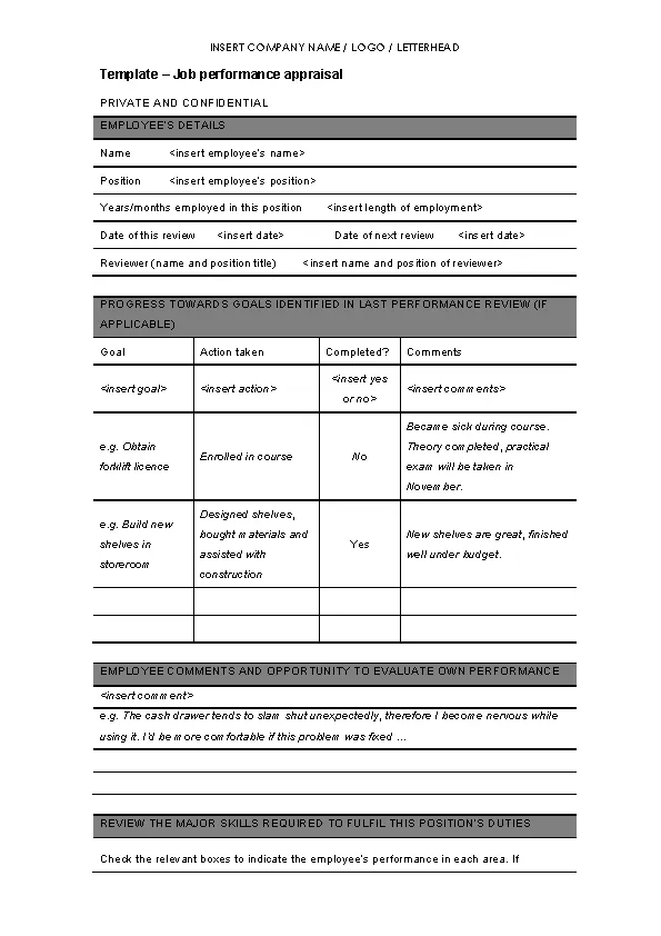 Job Performance Appraisal Template - PDFSimpli