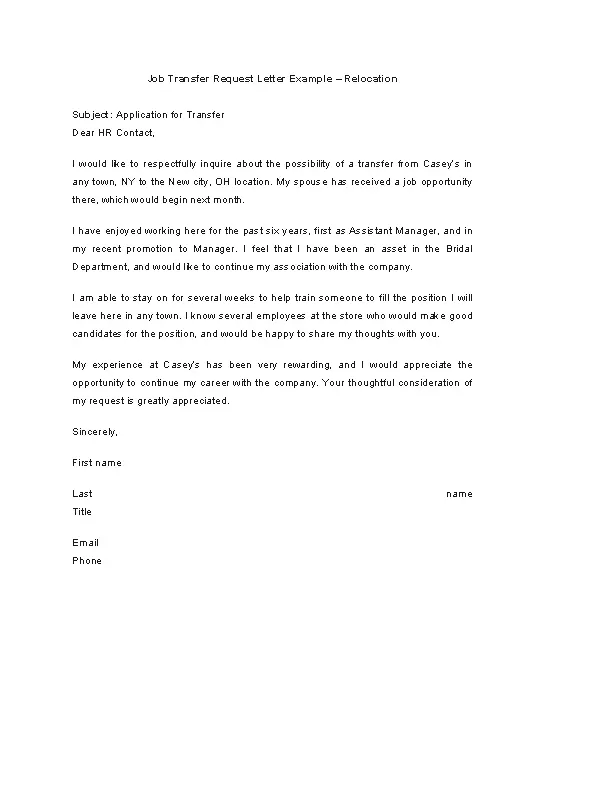 Job Transfer Request Letter Example Relocation