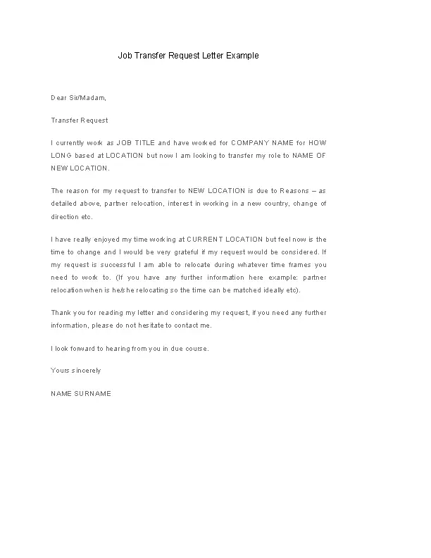 Job Transfer Request Letter Template Example