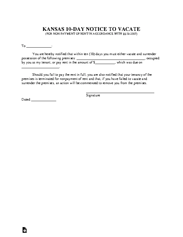 Kansas 10 Day Notice To Quit Nonpayment Of Rent