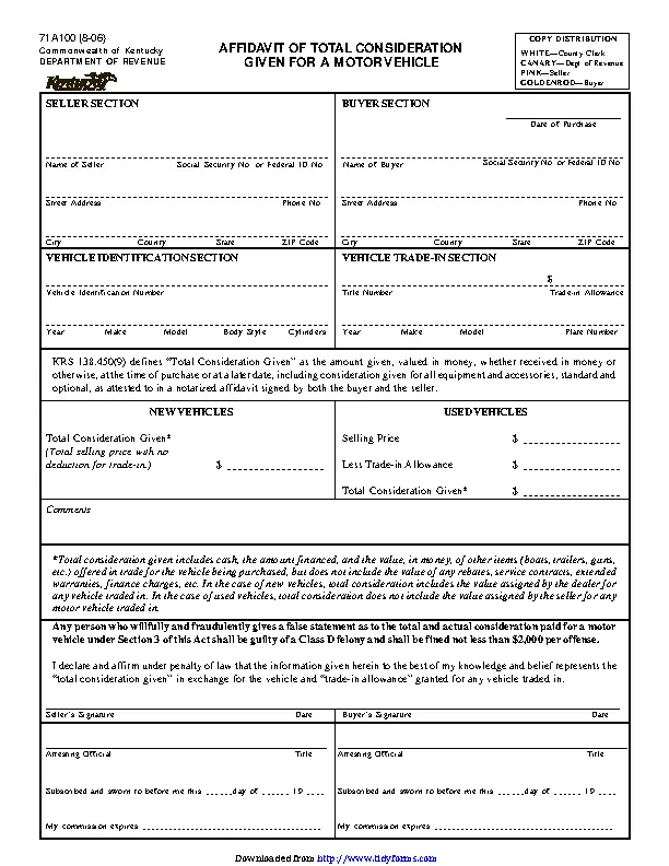 Kansas Affidavit Of Total Consideration Given For A Motor Vehicle Form Pdfsimpli