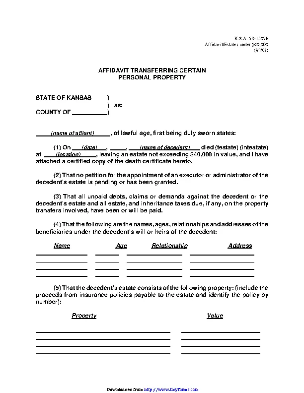 Kansas Affidavit Transferring Certain Personal Property Form