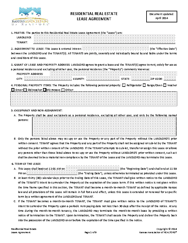 kansas association of realtors residential lease agreement PDFSimpli