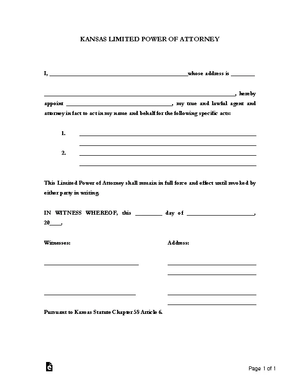 Kansas Limited Power Of Attorney Form