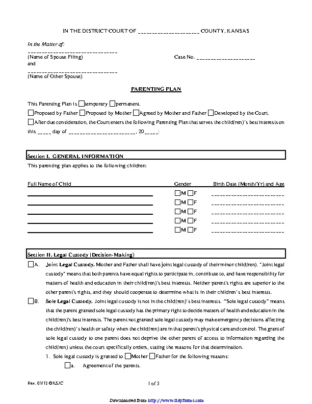 Kansas Parenting Plan Form - PDFSimpli