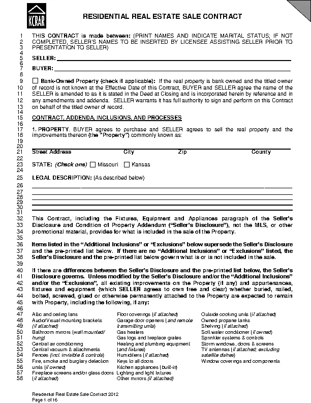 Kansas Residential Real Estate Sale Contract Form