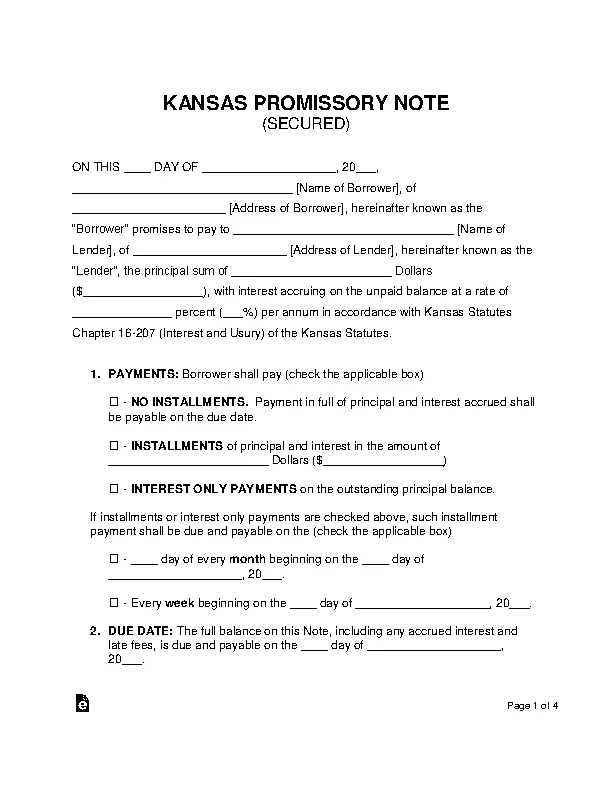 Kansas Secured Promissory Note Template