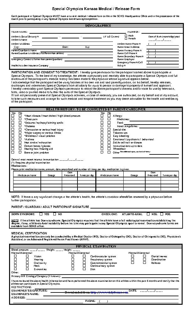 Kansas Special Olympics Medical Release Form PDFSimpli