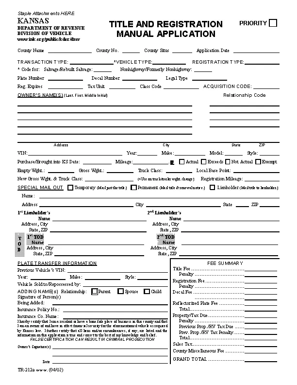 Kansas Title And Registration Manual Application Tr212