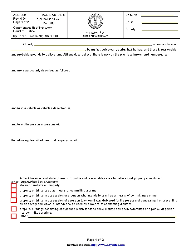 Kentucky Affidavit For Search Warrant Form