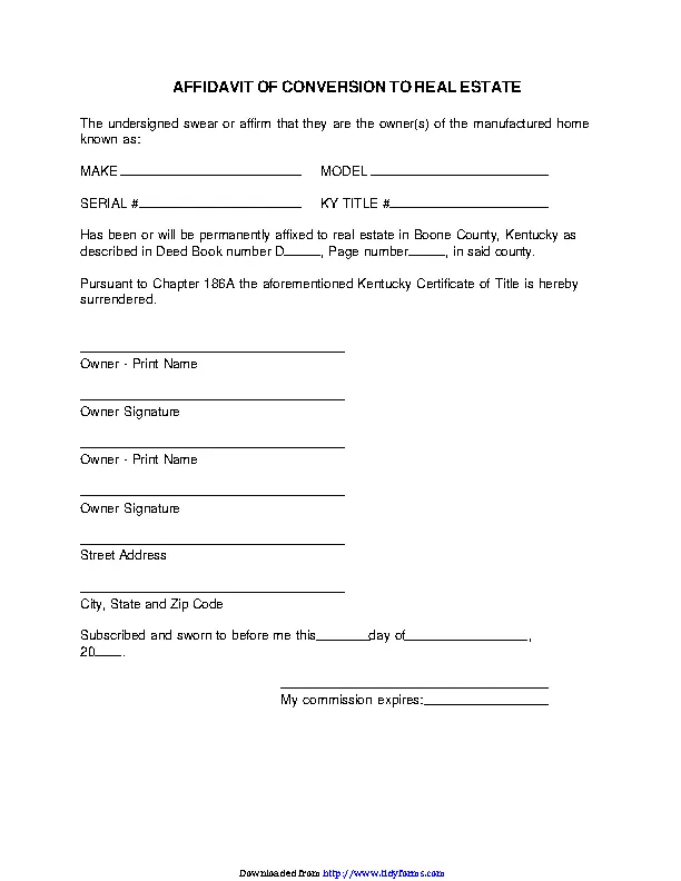 Kentucky Affidavit Of Conversion To Real Estate Form PDFSimpli