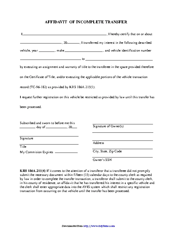 Kentucky Affidavit Of Incomplete Transfer Form