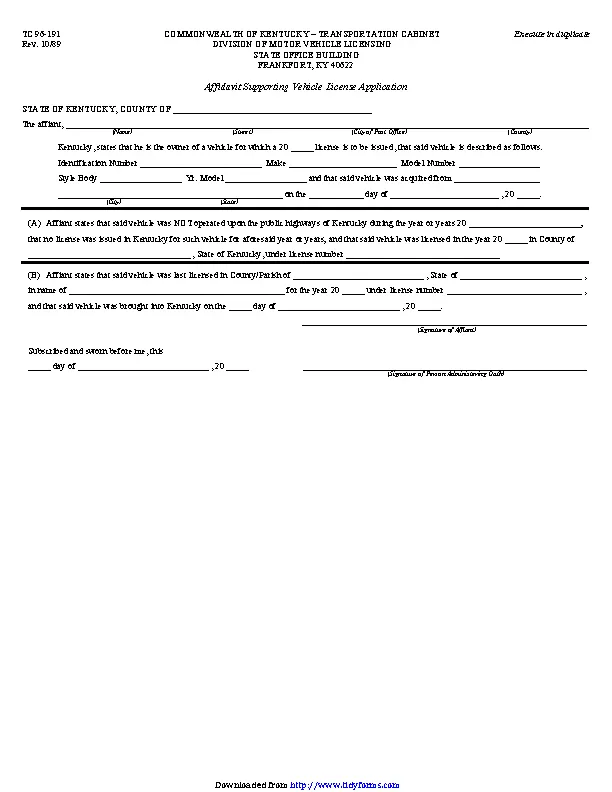 Kentucky Affidavit Supporting Vehicle License Application Form