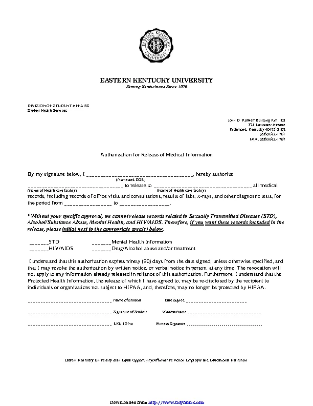 Kentucky Authorization For Release Of Medical Information Form Pdfsimpli 8765