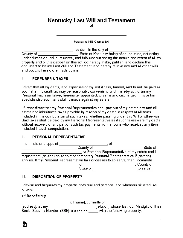 Kentucky Last Will And Testament Template