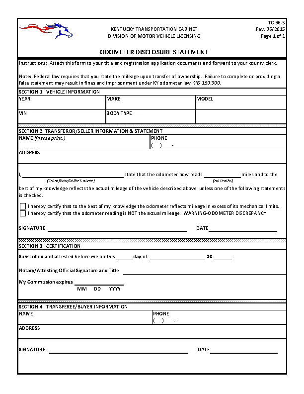 Kentucky Odometer Disclosure Statement Form