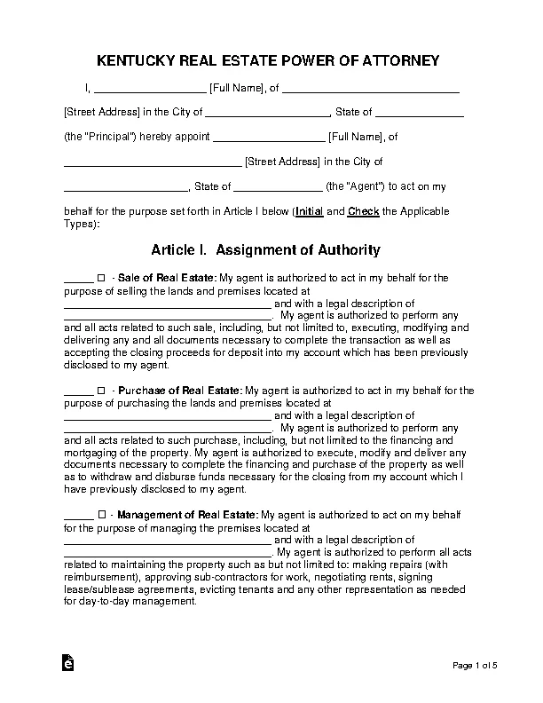 kentucky real estate power of attorney form PDFSimpli