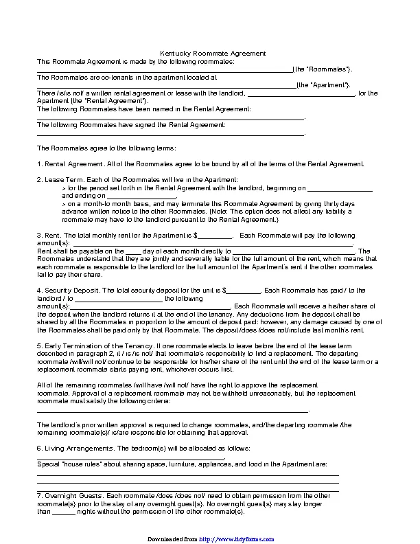 Kentucky roommate rental agreement pdfsimpli
