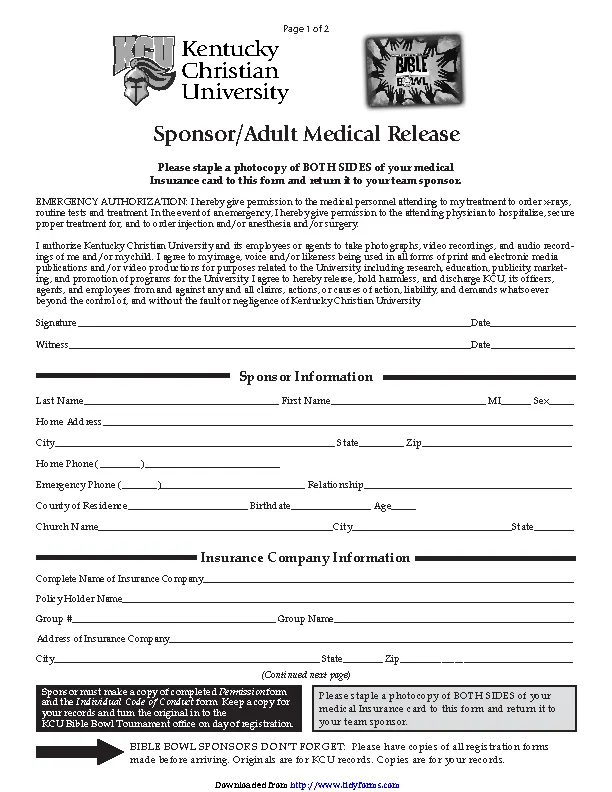 Kentucky Sponsor Adult Medical Release Form Pdfsimpli 9086