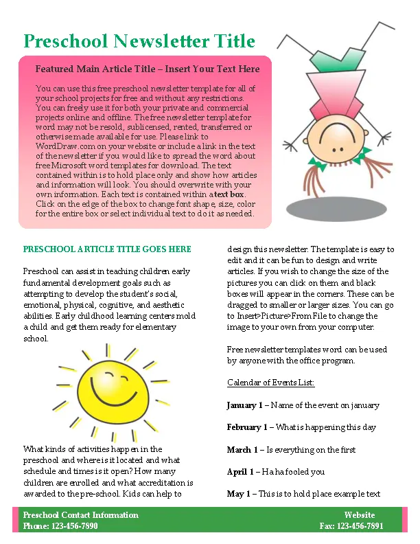 Kids Preschool Newsletter Template Word Format