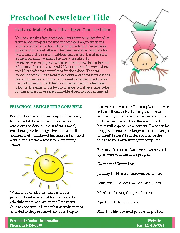 Kids Preschool Newsletter Template Word Format PDFSimpli