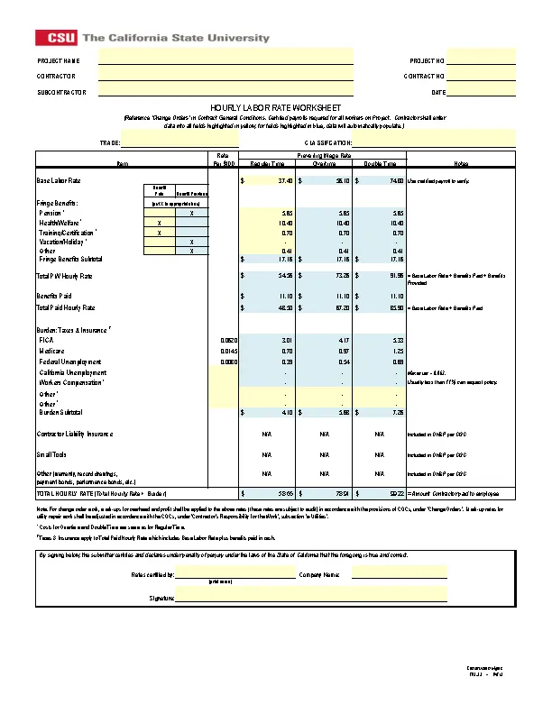 Electrician Labor Rate Sheet Template