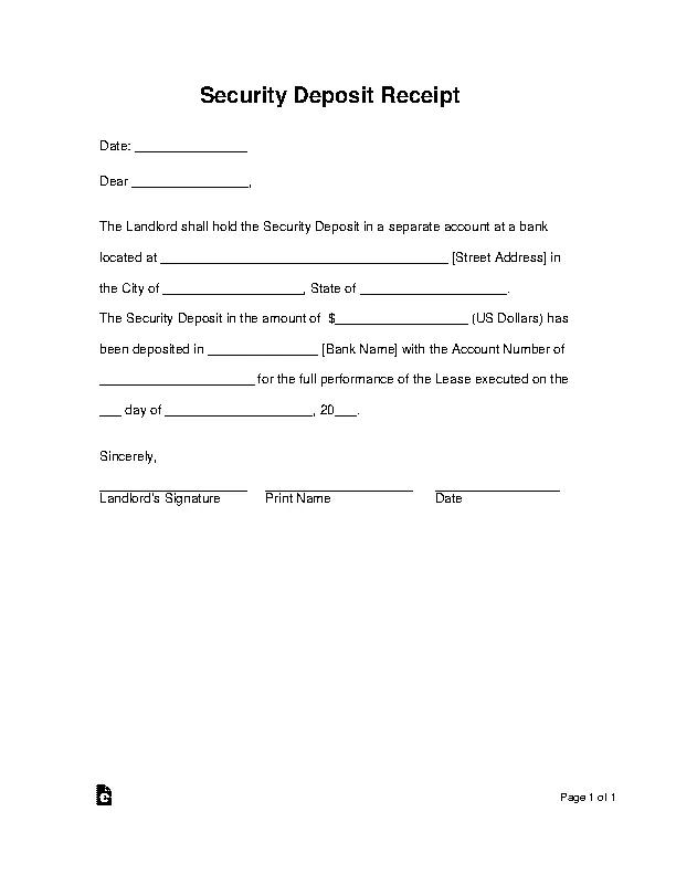 Landlords Security Deposit Receipt Form