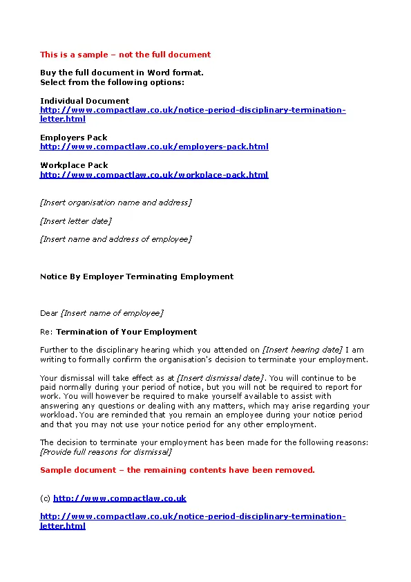 Leave Disciplinary Termination Notice Period Letter Word Format