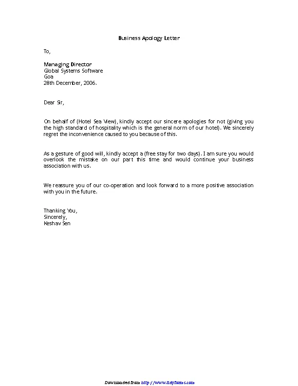 Letter Of Apology Business