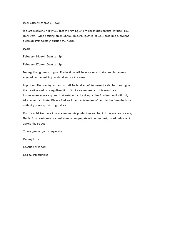 Letter Of Notification Of Filming Sample - PDFSimpli