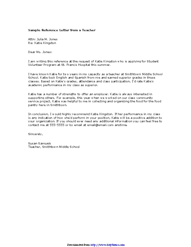 Letter Of Recommendation For Middle School Student