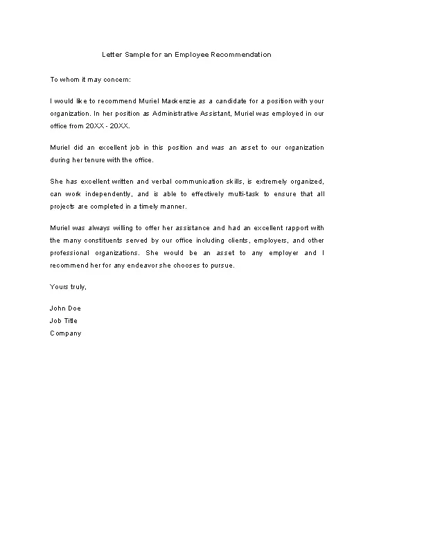 Letter Sample For An Employee Recommendation Template